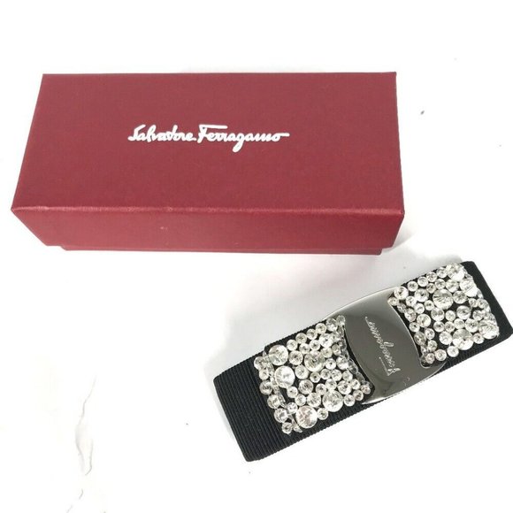 Auth Salvatore Ferragamo logo rose ribbon rhinestone Hair accessories Barrette